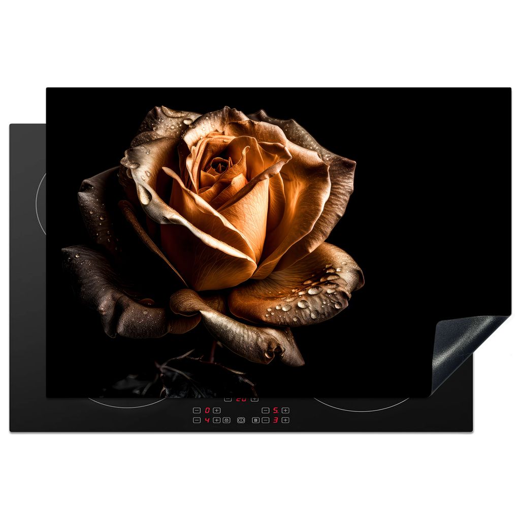 KitchenYeah Herdabdeckplatte Rose - Gold - Blumen - Botanisch Schwarz , 77x51cm, Küche Deko, Glaskeramikkochfeld Herdabdeckung, Abdeckplatte fù...