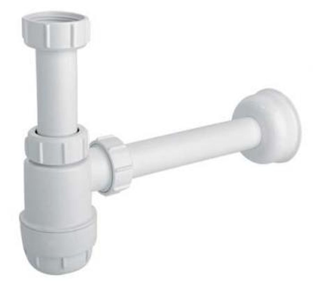 A white plastic siphon trap for a sink, shown against a white background.
