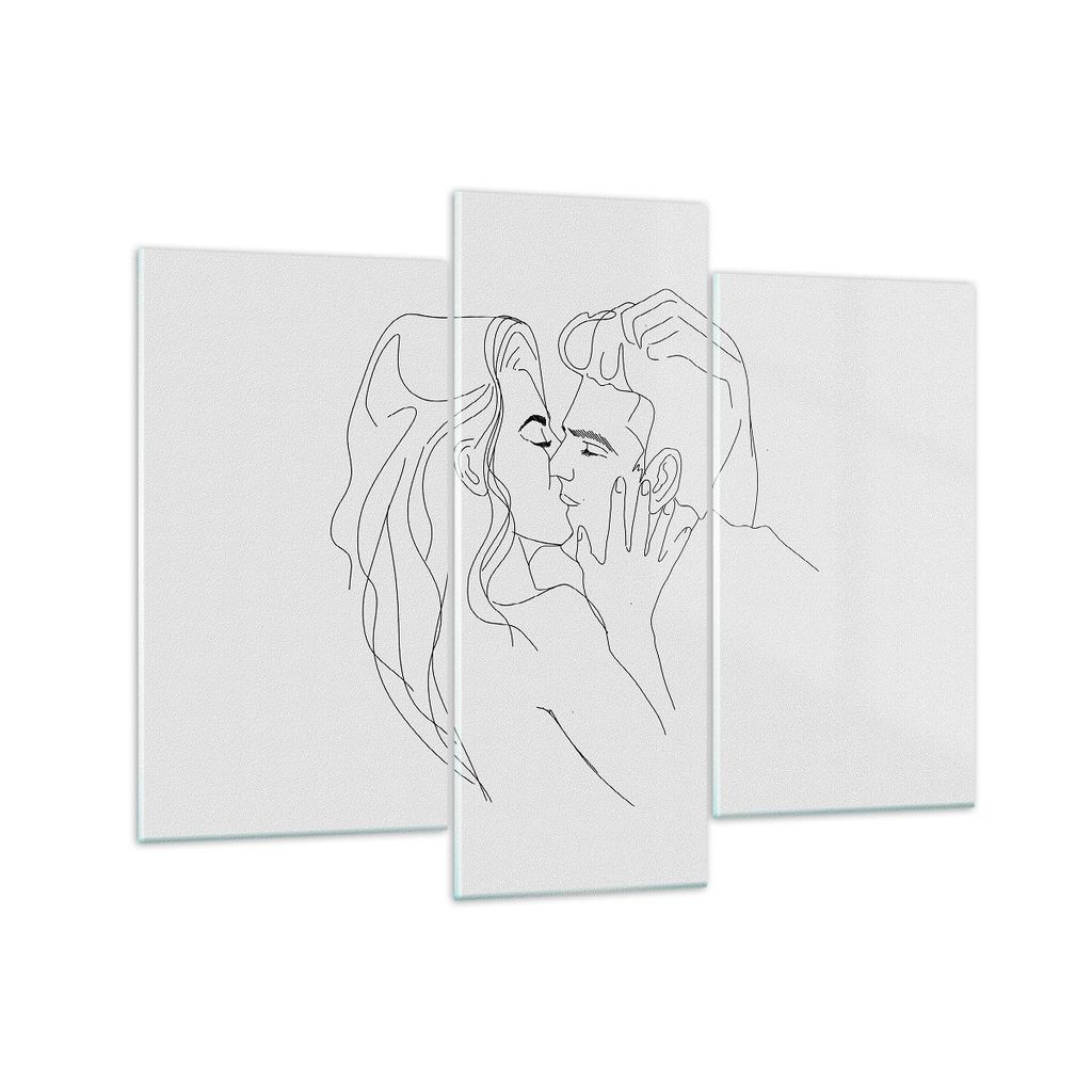 Bilder auf glas - 3 Teile - Kuss Paar Skizze - 130x100cm - Glasbilder - Wandbilder - Bilder - zum Aufhängen bereit - Wanddekoration aus Glas - Gla...