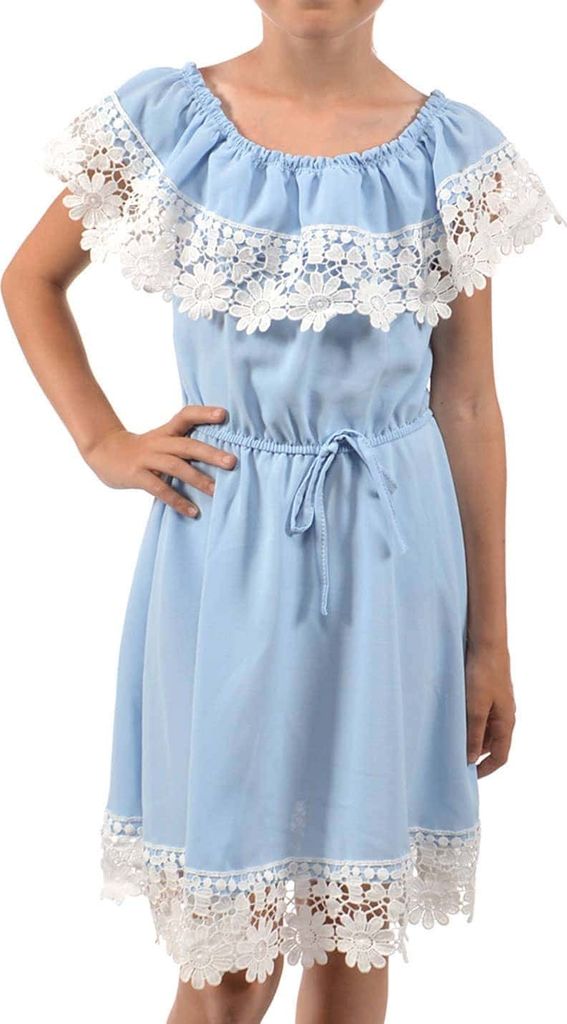 KMISSO Mädchen Kleid Schulterfrei mit Spitze Hellblau 104