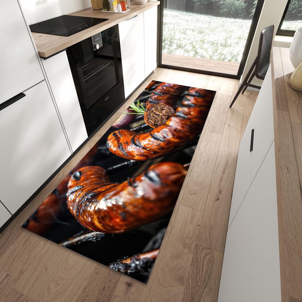 Küchenteppich 90x240cm rutschfest & abwischbar PVC Läufer - Grillwurst B B Q