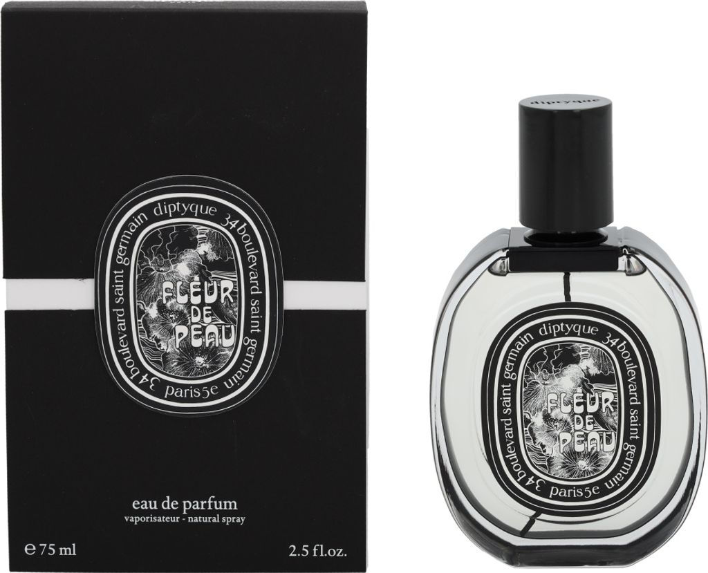 A product shot of a Diptyque perfume bottle and its packaging.