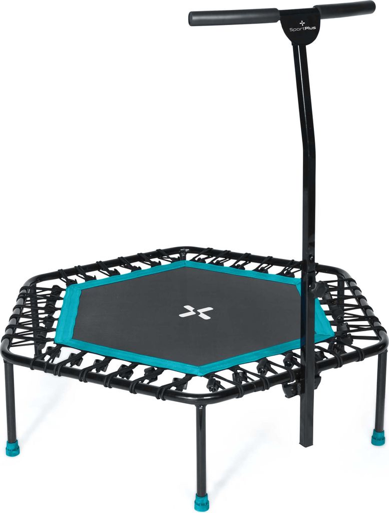 A square fitness trampoline with a handle bar, shown against a white background.