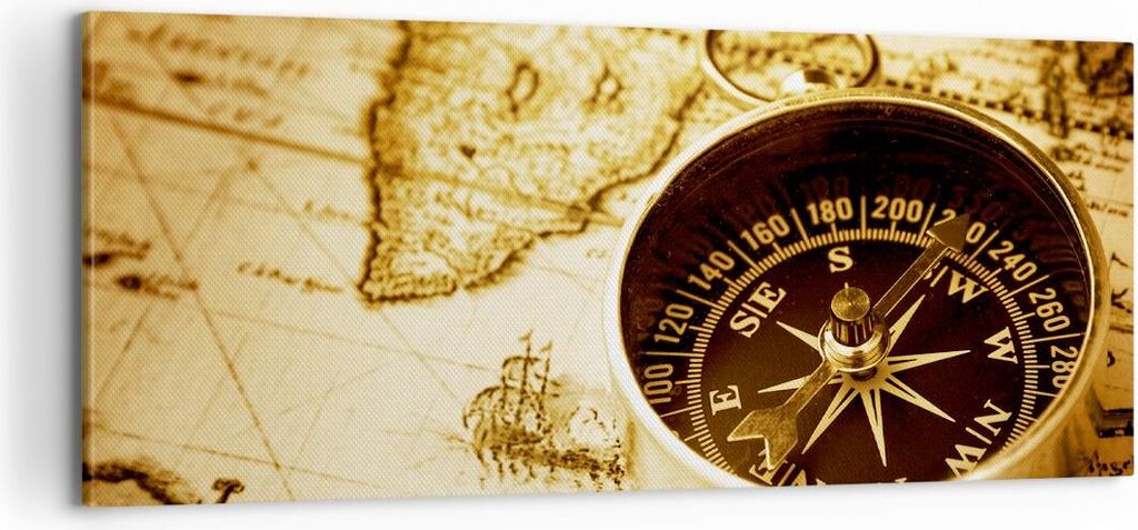Bild auf Leinwand - Leinwandbild - Kompass alt reisen Reise - 100x40cm - Wand Bild - Wanddeko - Leinwanddruck - Bilder - Kunstdruck - Wanddekoratio...