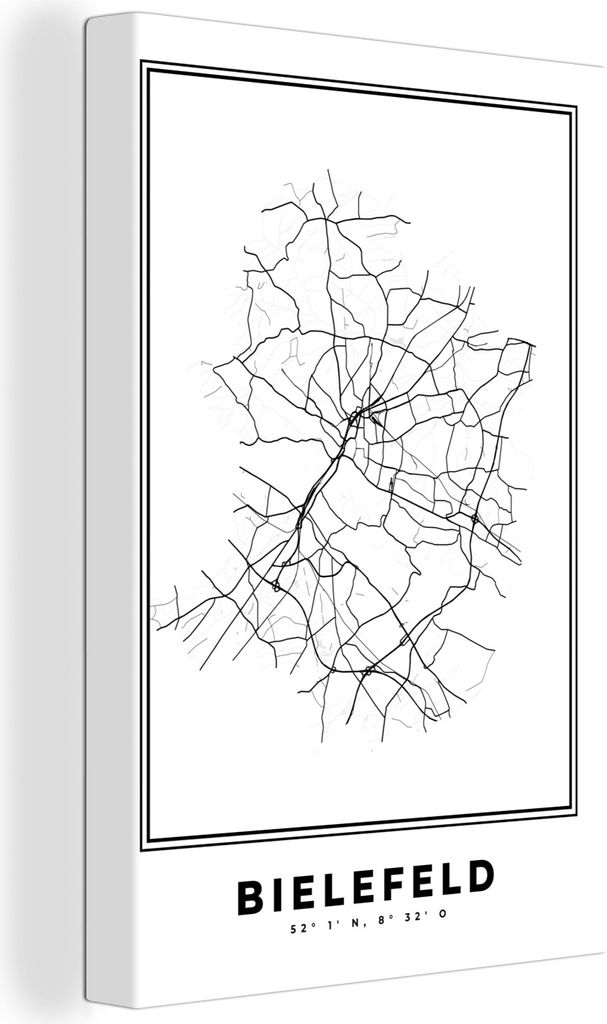 OneMillionCanvasses - Leinwandbilder - 90x140 cm, Schwarz und weiß - Deutschland - Karte - Stadtplan - Bielefeld, Wandbilder Kunstdruck Wanddeko...