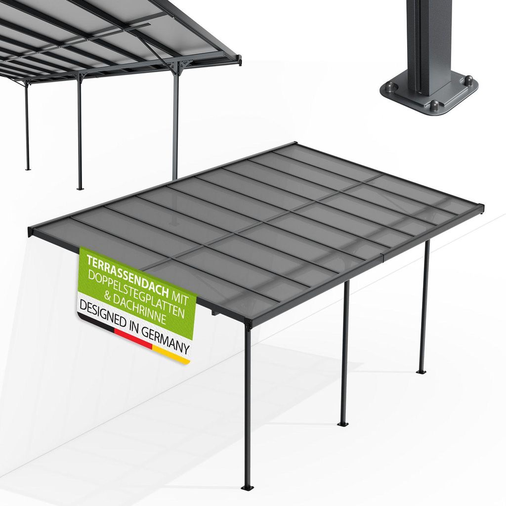 Juskys Terrassenüberdachung Borneo 5,5 x 3 m – Aluminium Terrassendach mit Doppelstegplatten Sonnenschutz Wandmontage Überdachung für Terrasse...