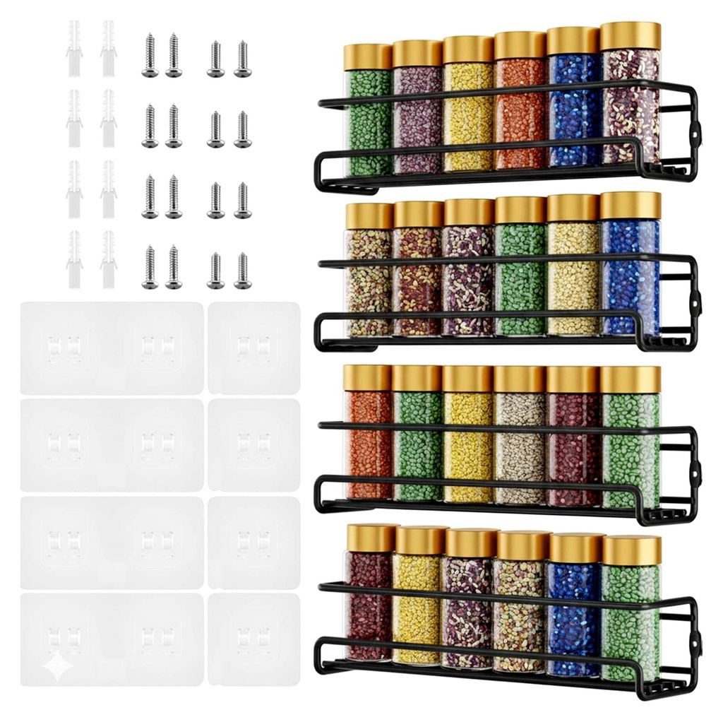 Gewürzregal Wand, 4-teiliges Set Gewürz Organizer ohne Bohren, hängender Gewürzhalter aus Metall mit selbstklebendem Aufkleber und Schrauben f...