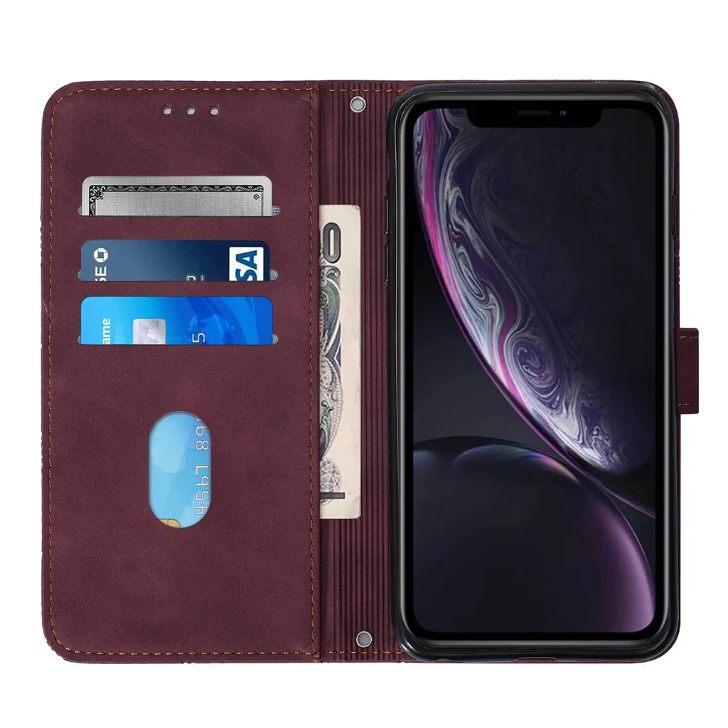 Custodia in pelle flip per iPhone XR con design a portafoglio e goffratura, porta carte e supporto rosso - 4