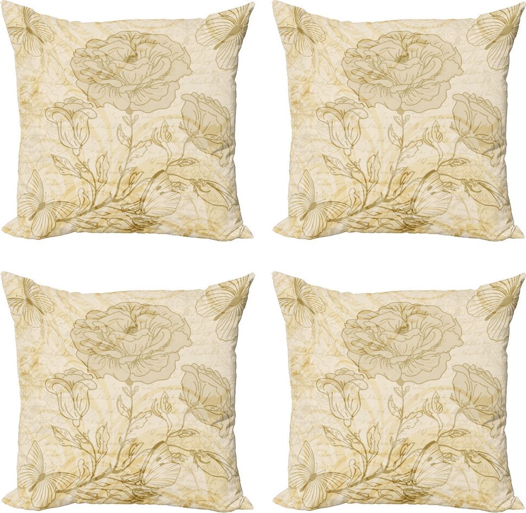 ABAKUHAUS Beige Kissenbezug Set (4 Stück), Rosen und Schmetterlinge, Moderner Doppelseitiger Digitaldruck, 40 cm x 40 cm, Mode Beige