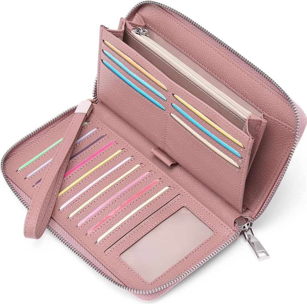 Damen Geldbörse, große Kapazität Leder Damen Geldbörsen Reißverschluss Kupplung mit RFID-Blockierung und Mehreren