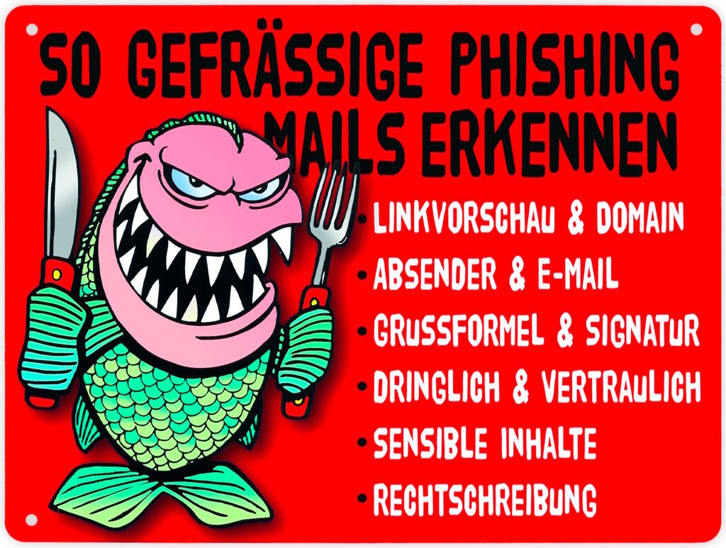 Phishing Mails Metallschild XL in 21x28 cm in rot zum Thema Phishing Mails