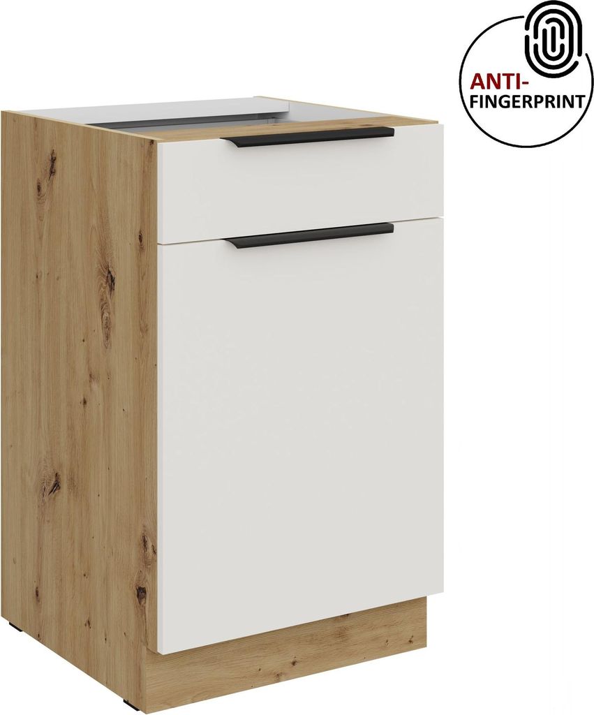 Küchen Unterschrank 50 cm Küche ARIA Weiss ultra matt + Eiche Artisan matt, hochwertige Fronten mit Anti Fingerprint Beschichtung Küchenzeile K...