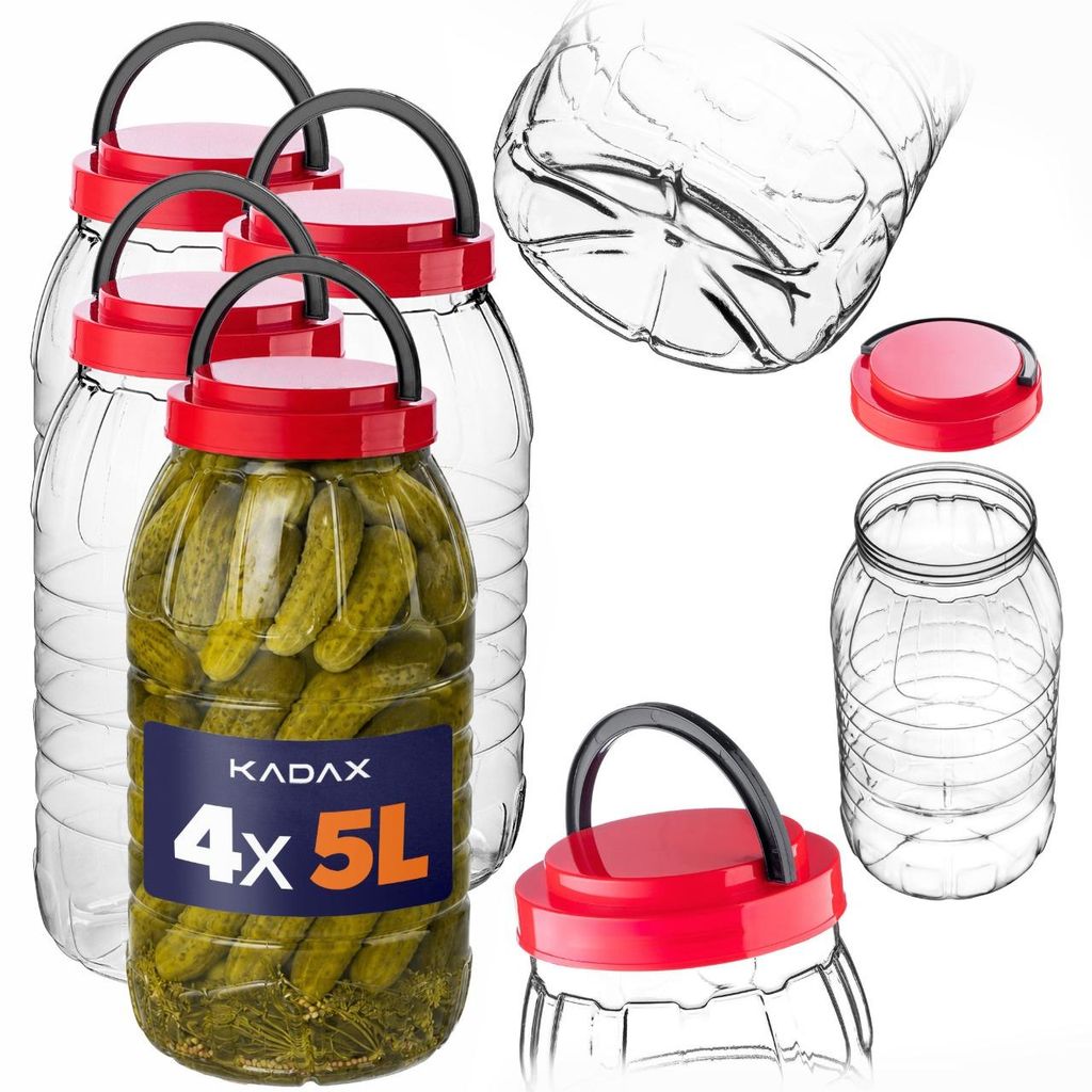 KADAX Vorratsglas 5L mit Deckel, 4 Stück, Vorratsdose aus PET Kunststoff, Küchenbehälter, Kunststoffbehälter für Lebensmittel, Aufbewahrungsgl...