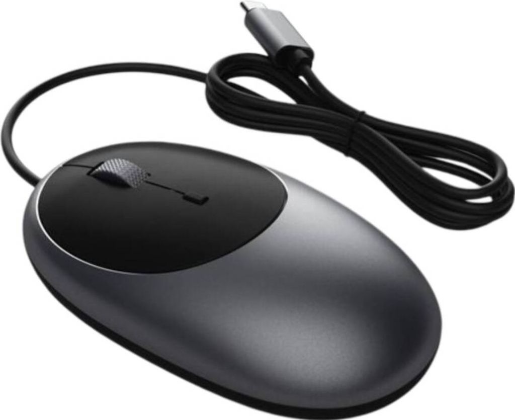 A close-up, studio shot of a wired USB-C computer mouse against a white background.