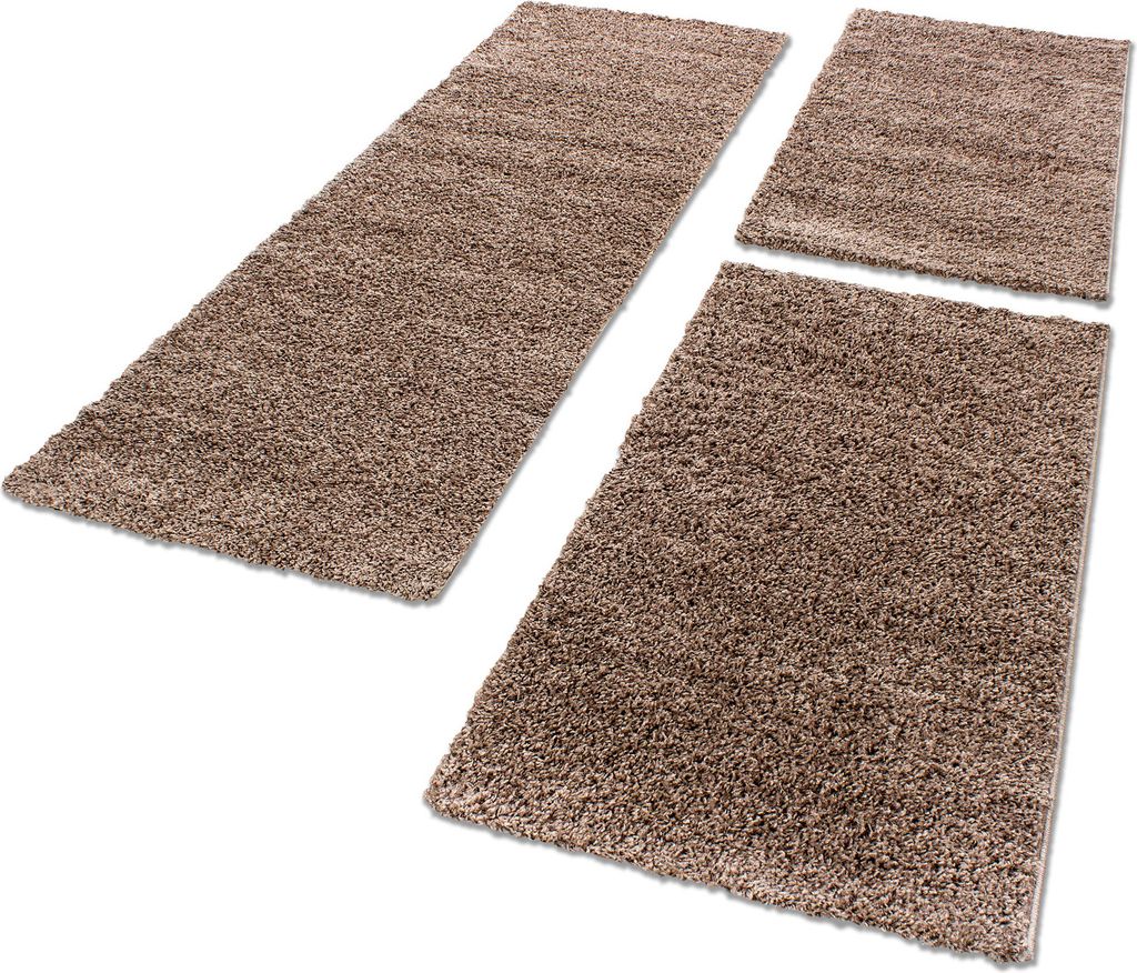 Bettumrandung Shaggy Teppich Läuferset 3 teilig Hochflor Einfarbig Langflor, Farbe:Mocca, Bettset:2 mal 60x110 + 1 mal 100x200