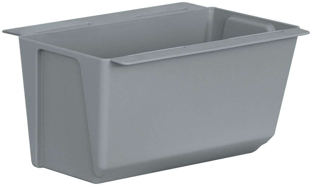 A gray plastic planter insert for a Euro pallet.
