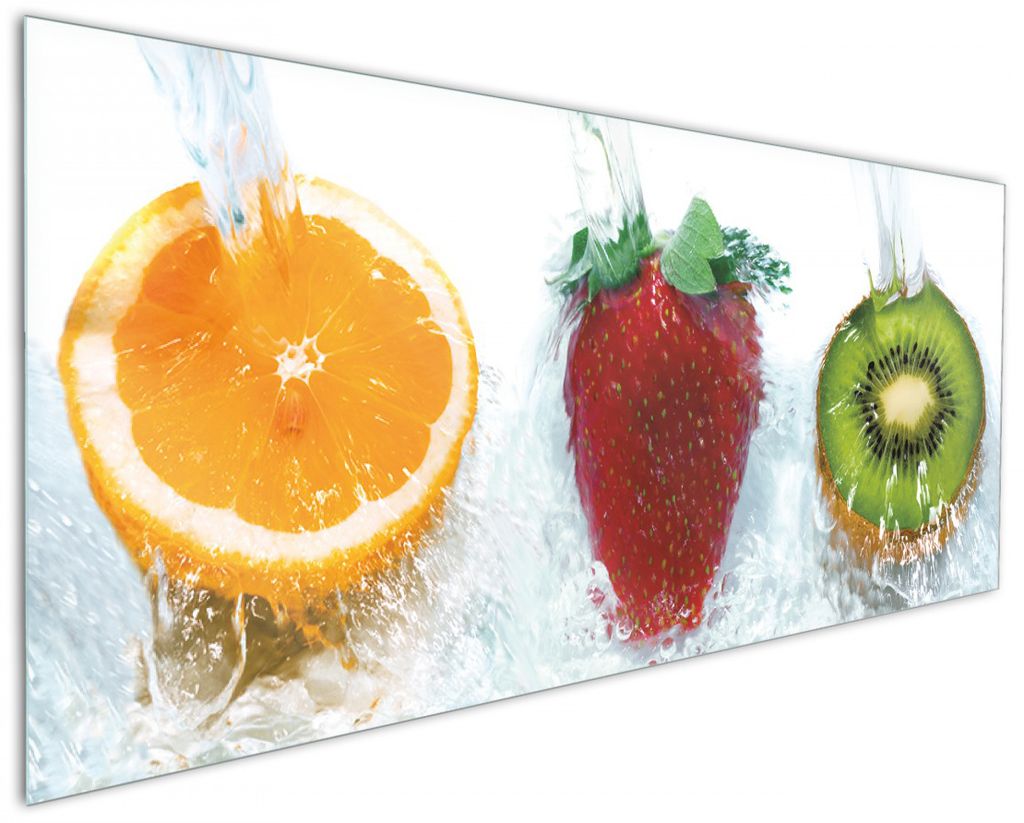 Wallario Küchenrückwand aus Glas, Größe: 125 x 50 cm, Motiv: Frische Früchte übergossen mit Wasser | Spritzschutz | abwischbar | pflegeleicht...