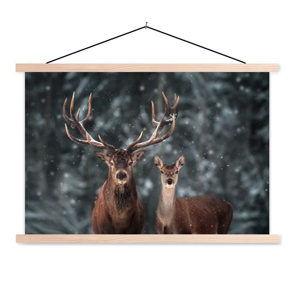 MuchoWow Textilposter Hirsche - Tiere - Winter - Geweih - Schnee - Natur 120x80 cm mit holzfarbenen Rahmen - Aufhängeset