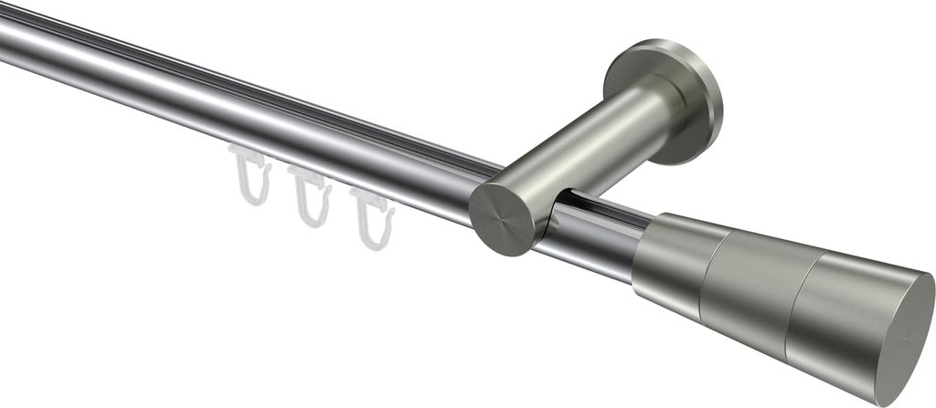 Interdeco Innenlaufstange / Gardinenstange mit Innenlauf Chrom / Edelstahl-Optik, Typ Platon Tanara (Konus), 20 mm Ø 1-läufig, 240 cm