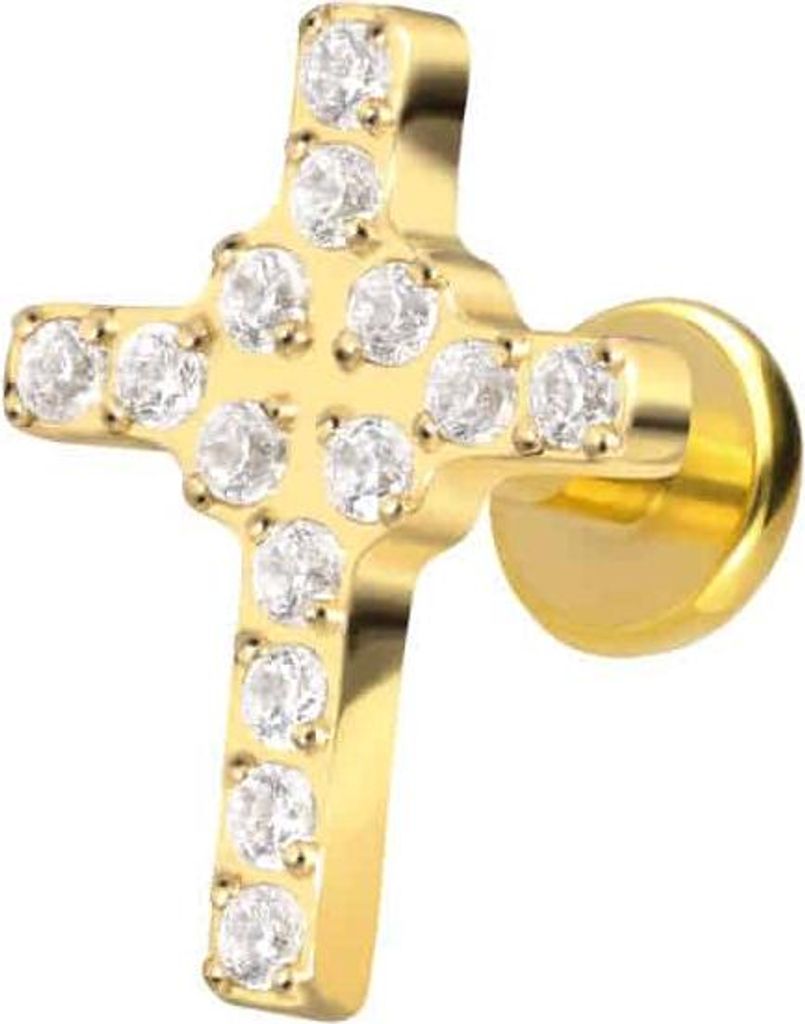Ohrpiercing, Nasenpiercing Titan Labret mit Push Fit KRISTALLKREUZ Gold Stablänge: 6mm | Stabstärke: 1mm