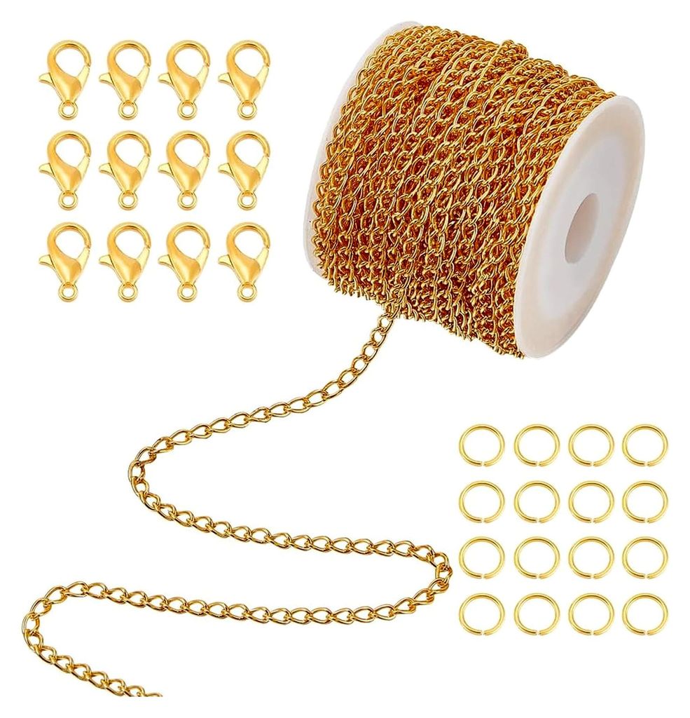 10 m Lange Ketten für die Schmuckherstellung - Goldketten, Kabelgliederketten mit Biegeringen und Karabinerverschlüssen, Ketten-Set für Armbänd...