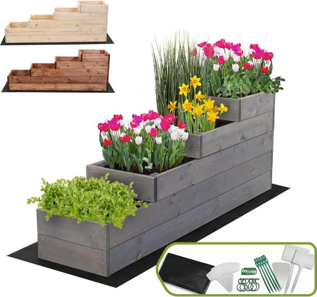 MODO24 Hochbeet Holz, Pflanzkasten, Massivholz, Kiefer, Kräuterbeet, Blumenkasten, Garten, Terrasse, 45x30x120 cm, Grau, ZP07