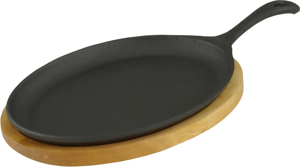 Set Padella Ghisa 24 cm Ovale e Base Legno per Cottura e Servizio