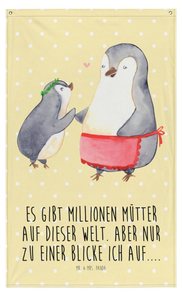 Mr. & Mrs. Panda Wandteppich Pinguin mit Kind - Gelb Pastell - Geschenk, Gobelin, Mama, Mami, Mutter, Wandbild, Muttertag, Bildteppich, Vorbild, Fa...
