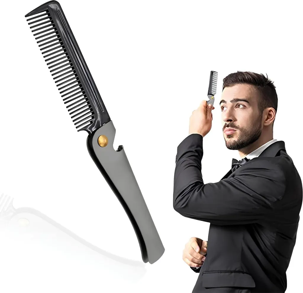 Peigne rond en acier pour barbe et moustache avec son étui de poche