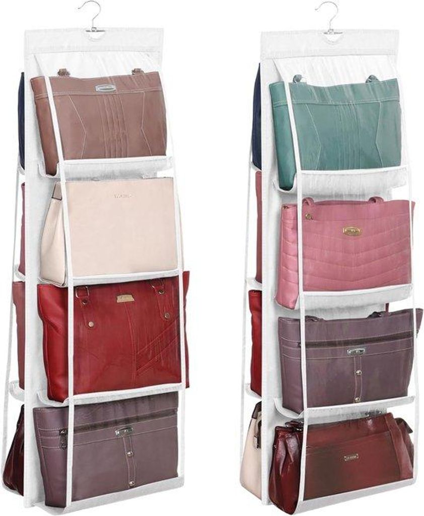 Handtas Organizer (2 Stück) - Transparenter Kunststoff Kast mit 8 Schubladen, schwerer Qualität Haken für Designer Taschen, Clutch, Tote Bags