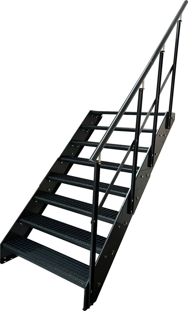 Stahl Wangentreppe Gitterroststufen 8 Stufen Geländer Rechts - Verzinkt & Anthrazit pulverlackiert - (B x H x T) 140 x 152 x 158 cm