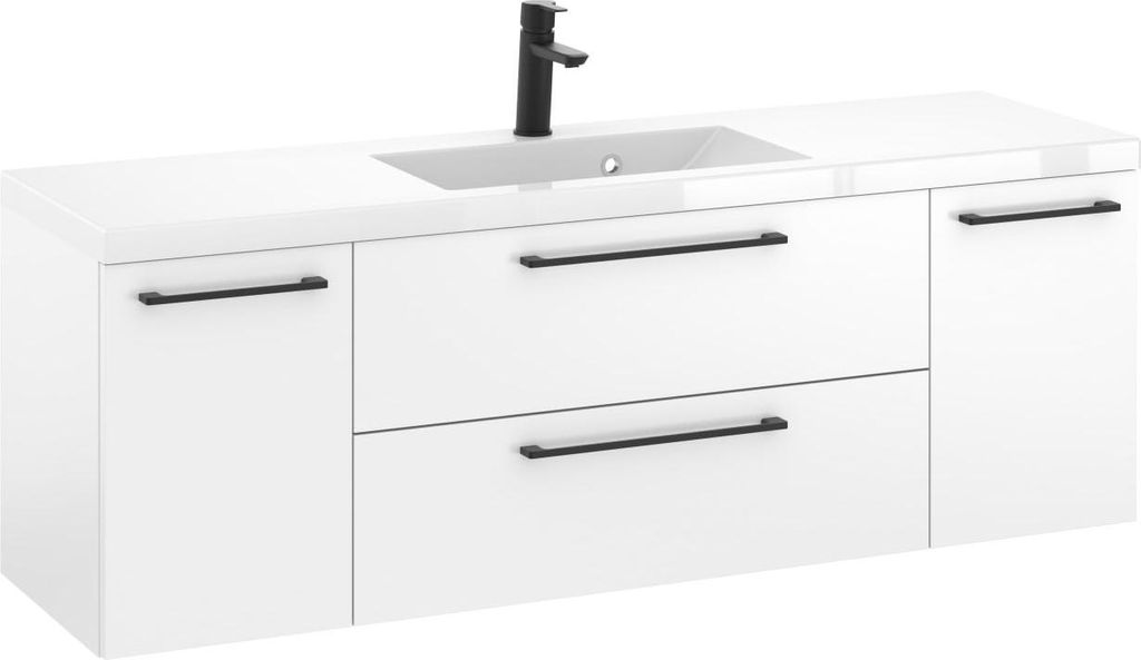 Rosen 140 cm Badezimmerschrank in Weiß Hochglanz mit Waschbecken und Schwarzen matten Griffen - Zeitloses Design