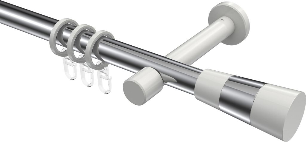 Interdeco Gardinenstange / Vorhangstange Chrom / Weiß, Typ Prestige Tanara (Konus Bicolor), 20 mm Ø 1-läufig, 600 cm