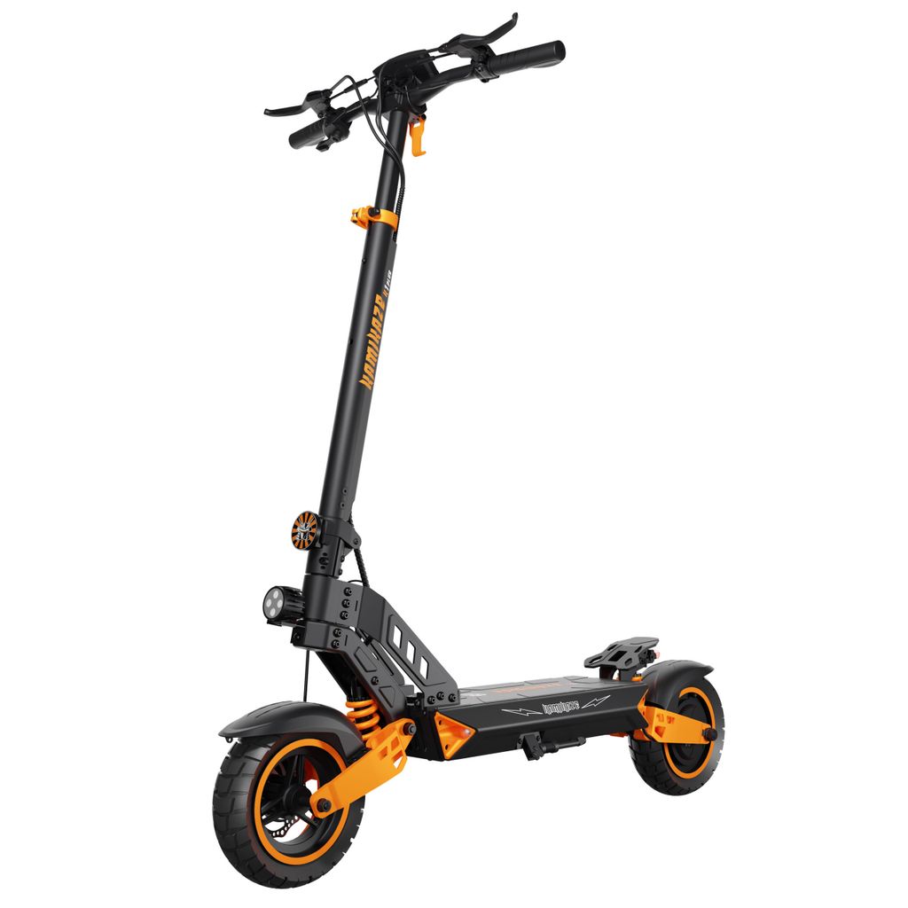 A black and orange electric scooter is shown against a white background.