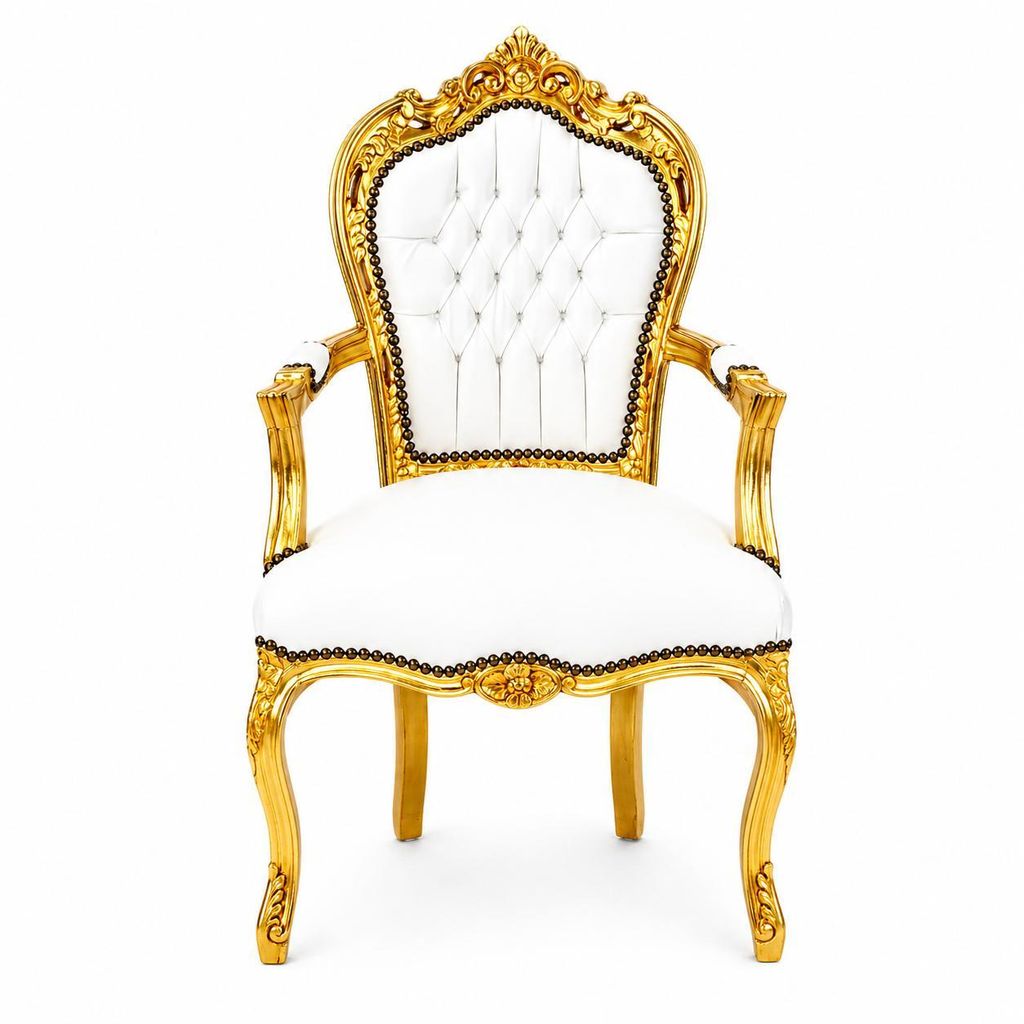 Barockstuhl Barock Stuhl Armlehne Weiß Gold Kunstleder Produktbild 