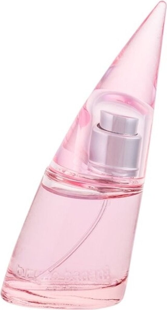 A pink perfume bottle with a silver spray nozzle.