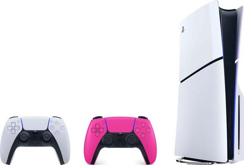 A white PlayStation 5 console and two controllers, one white and one pink, are displayed against a white background.