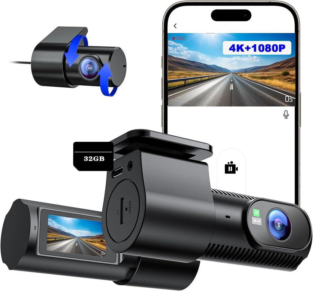 dashcam auto vorne und hinten 4K+1080P, 24-Stunden Parküberwachung, Wi-Fi/APP Mini Dual Auto Kamera, 32GB