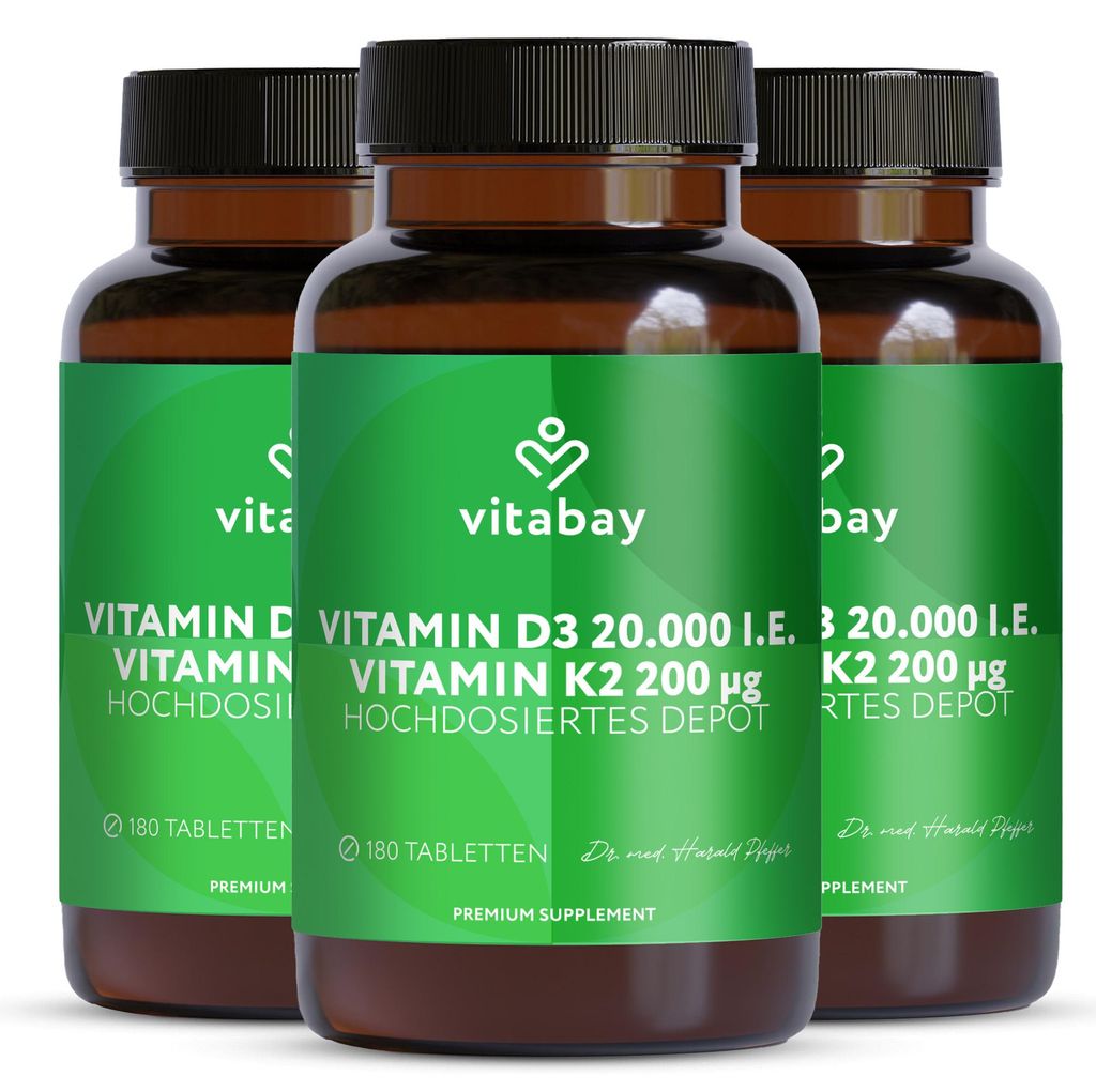 Vitabay Vitamin D3 + K2 Depot – 540 vegane Tabletten – 20.000 I.E. Vitamin D3 mit K2 MK7 All-Trans – ohne Zusatzstoffe – vegan - 3er Bundle