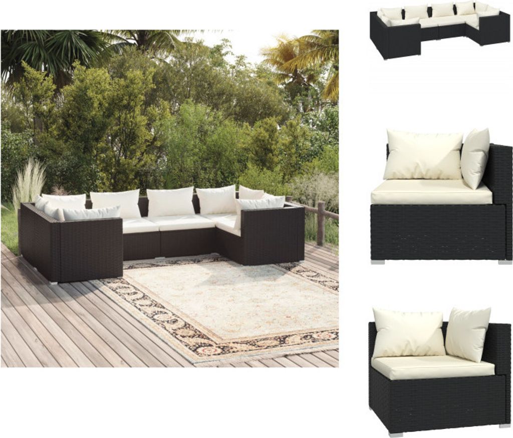 vidaXL 6-tlg. Garten-Lounge-Set mit Kissen Poly Rattan Schwarz - Gartenmöbel-Sets