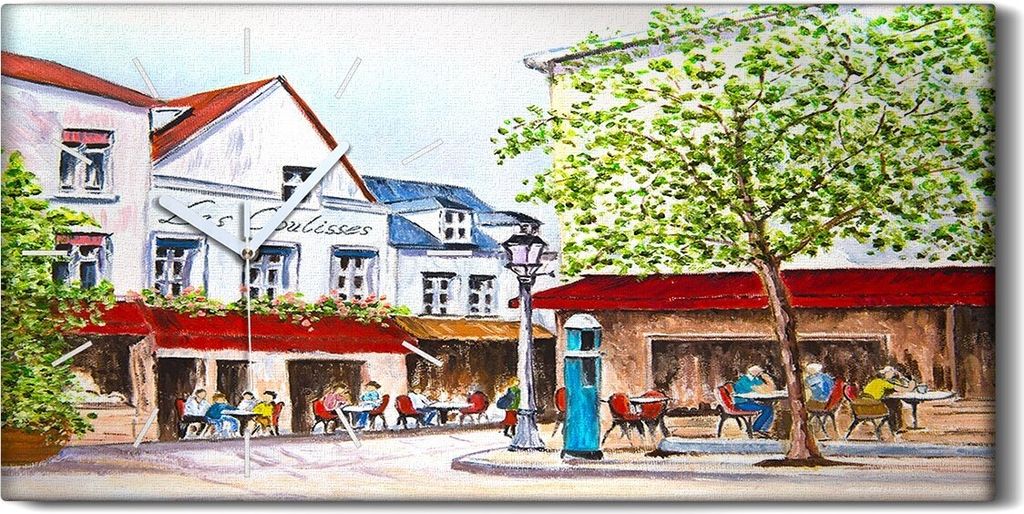 Wohnzimmer-Bild Leinwand Uhr 60x30 Gemälde Stadt Gebäude Cafe Baum Kunst - weiße Hände
