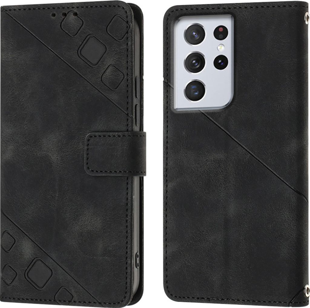 Hülle für Samsung Galaxy S21 Ultra 5G Prägung Flip Leder Brieftasche Schutzhülle mit Ständer Schwarz