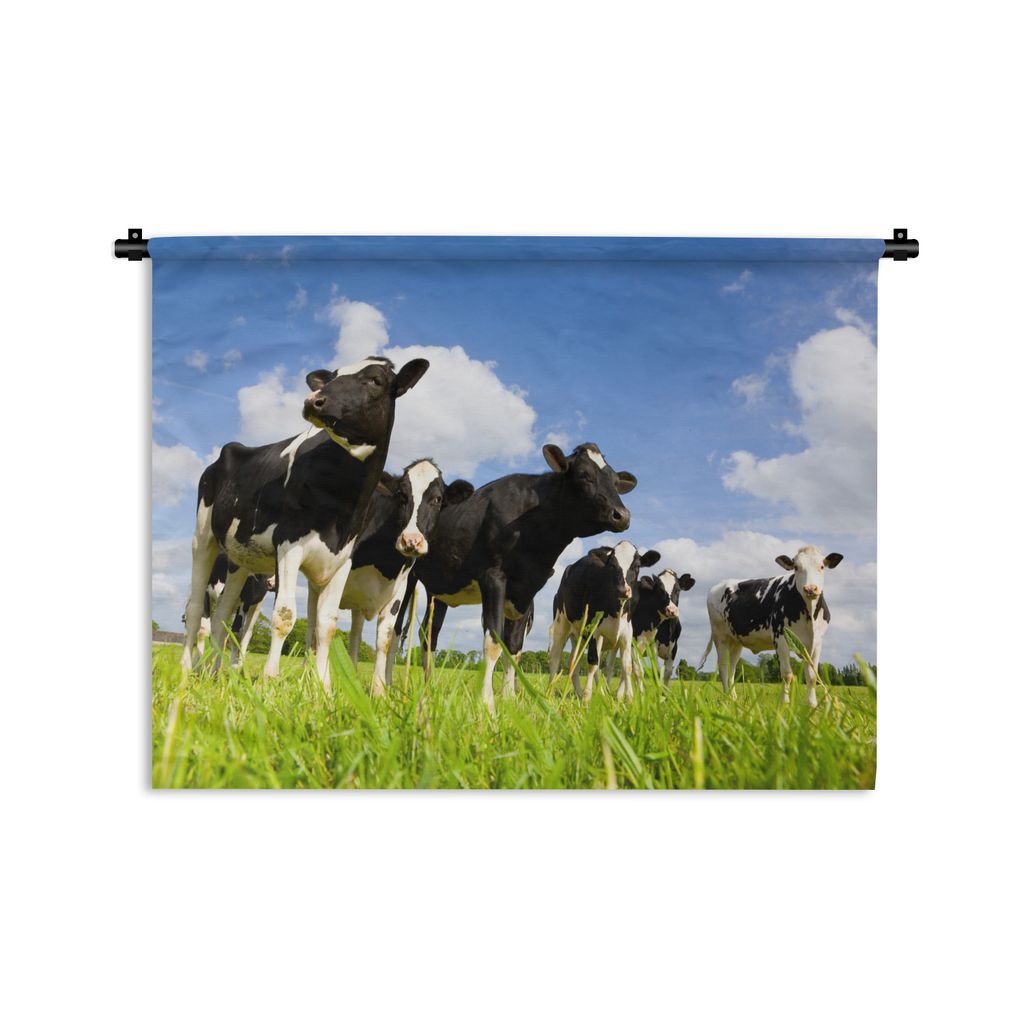 MuchoWow Wandteppich Wandbehang Kuh - Gras - Wolken 90x67.5 cm Tapisserie Dekoration Wandtuch - Fototeppich - Wand-Skulpturen