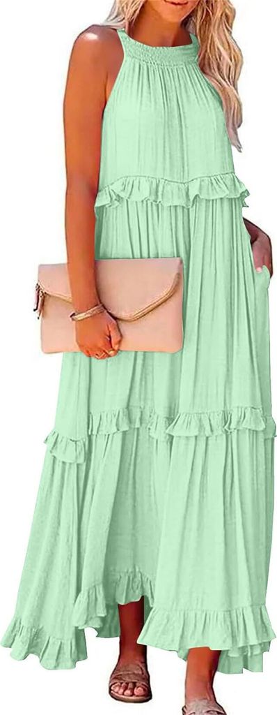 ASKSA Damen Langes Kleid Sommer Big Swing Strandkleid y Kleid Women Cover up Bikini Maxi Beachwear Kleider, HellGruen, Groesse: XXL