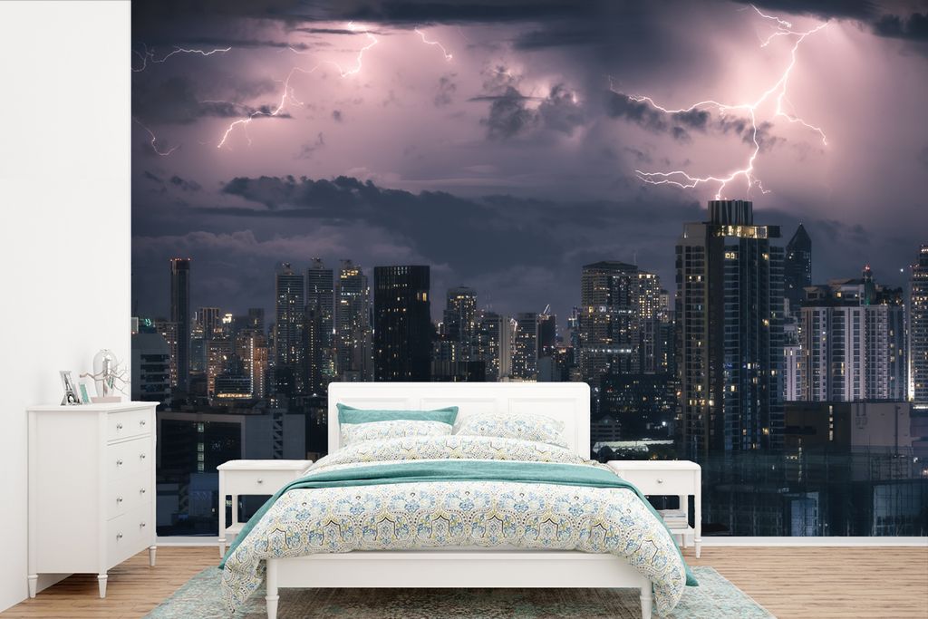 MuchoWow Fototapete für Wohnzimmer oder Schlafzimmer Wandtapete Vinyl Motivtapete Gewitter über Bangkok - 420x280 cm - Zimmer für Kinder