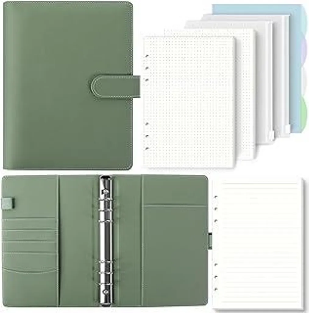 SKYDUE Raccoglitore ad anelli A5, raccoglitore ad anelli A5 ricaricabile, 135 fogli di carta di ricambio, taccuino con tasche portadocumenti, raccoglitore A5 per appunti scolastici e diari di viaggio (verde oliva) - 1