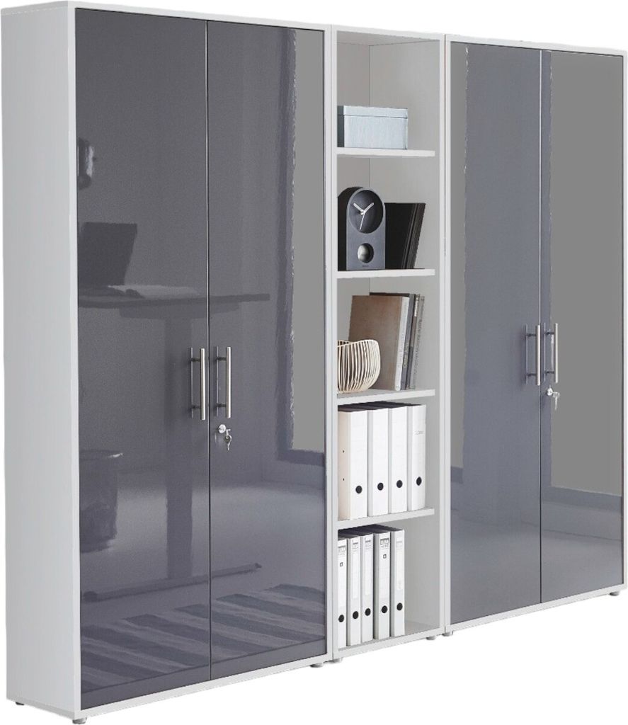 Aktenschrank TABOR 10 in weiß / anthrazit Hochglanz, Schrankwand, Büroschrank, abschließbar, Metallgriffe