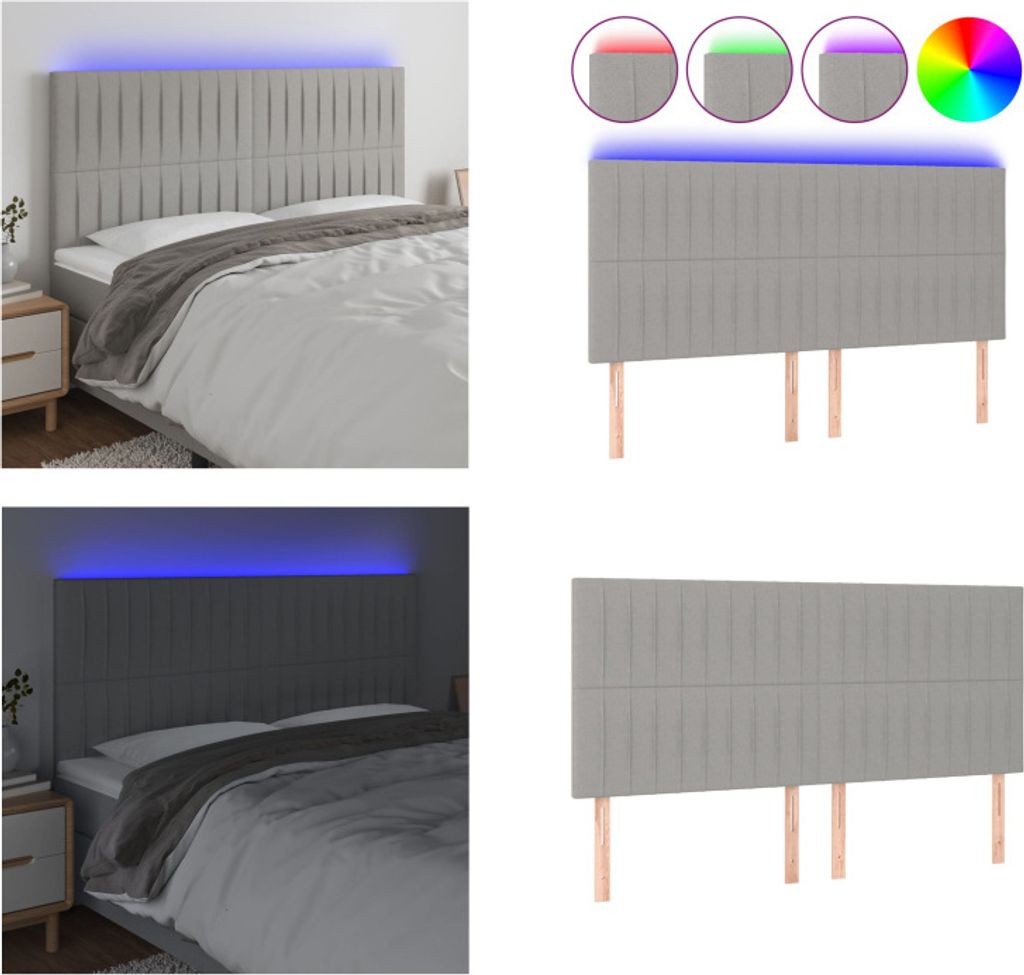 vidaXL LED Kopfteil Hellgrau 200x5x118/128 cm Stoff - LED Kopfteil - LED Kopfteile - Kopfteil - Bett-Kopfteil