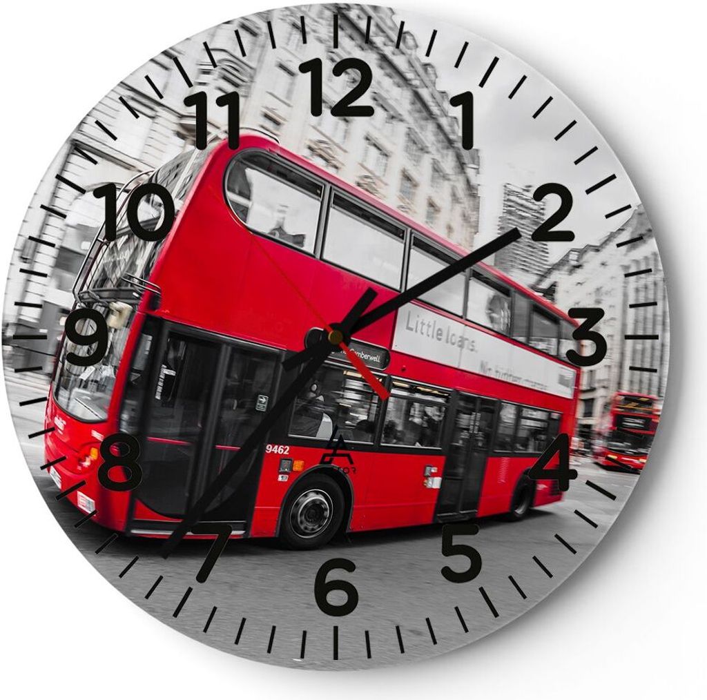 Wanduhr - Rund - Glasuhr - Bus London Reise Tourismus - 30x30cm - Schleichendes Uhrwerk - Lautlos - zum Aufhängen bereit - Dekoration Modern - Wan...