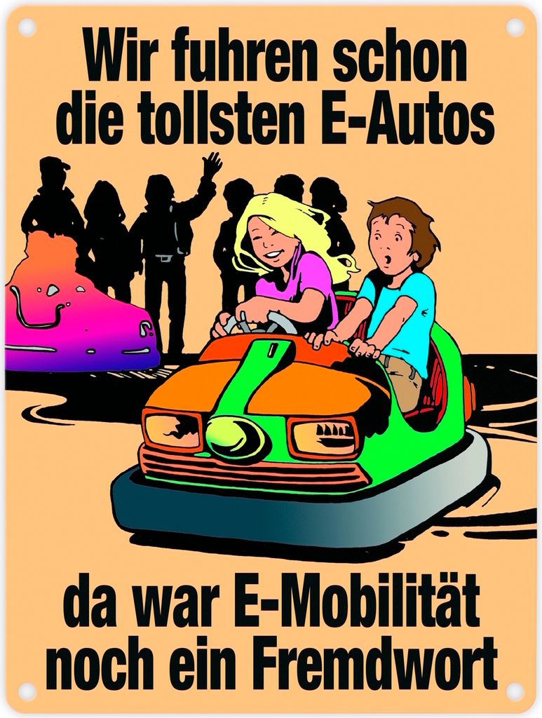 Boxauto als E-Auto Metallschild in 15x20 cm mit Spruch zu E-Mobilität in orange